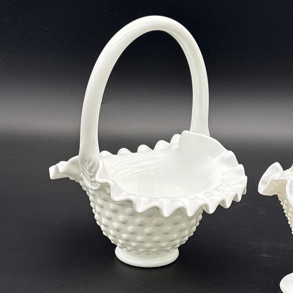Vintage Fenton White Milk Glass Decor Lot - Hobnail Basket, Vase & Compote Set